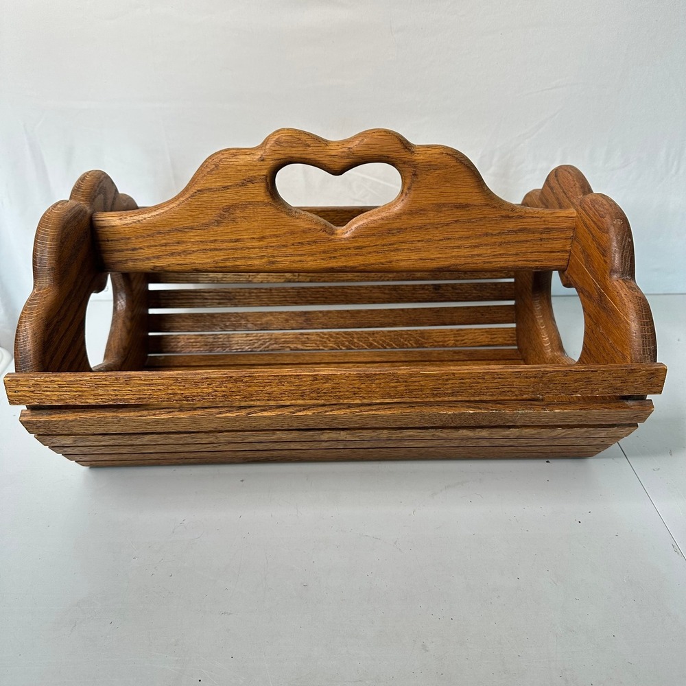 Hale Woodworking Vintage Oak Wood Magazine Rack Heart Handle Slatted Book Caddy